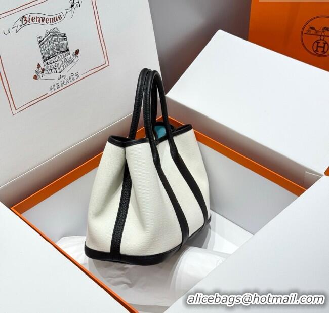 Best Price Hermes Garden Party Bag 30cm in Canvas and Grained Leather H2070 Wool White/Black/Breeze Blue 2025 (Half Hand