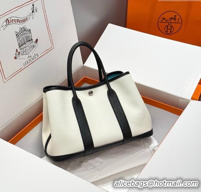 Best Price Hermes Garden Party Bag 30cm in Canvas and Grained Leather H2070 Wool White/Black/Breeze Blue 2025 (Half Hand