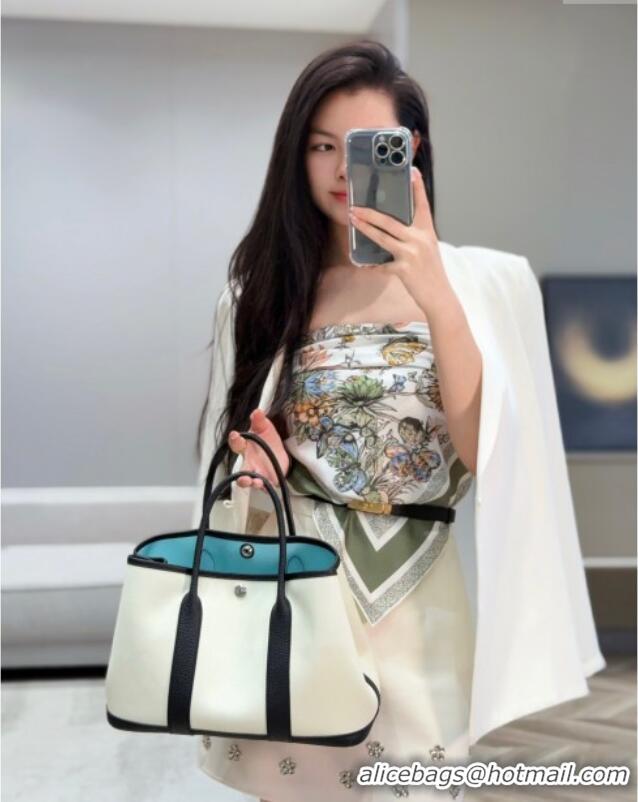 Best Price Hermes Garden Party Bag 30cm in Canvas and Grained Leather H2070 Wool White/Black/Breeze Blue 2025 (Half Hand