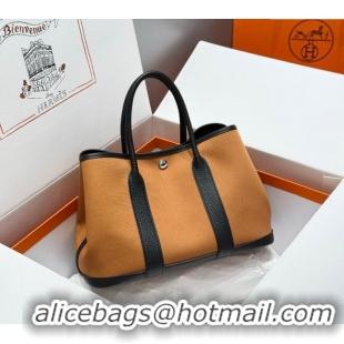 Buy Stylish Hermes Garden Party Bag 30cm in Canvas and Grained Leather H2070 Sesame Brown/Black 2025 (Half Handmade)
