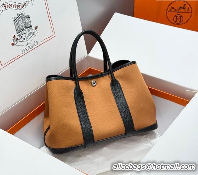 Buy Stylish Hermes Garden Party Bag 30cm in Canvas and Grained Leather H2070 Sesame Brown/Black 2025 (Half Handmade)