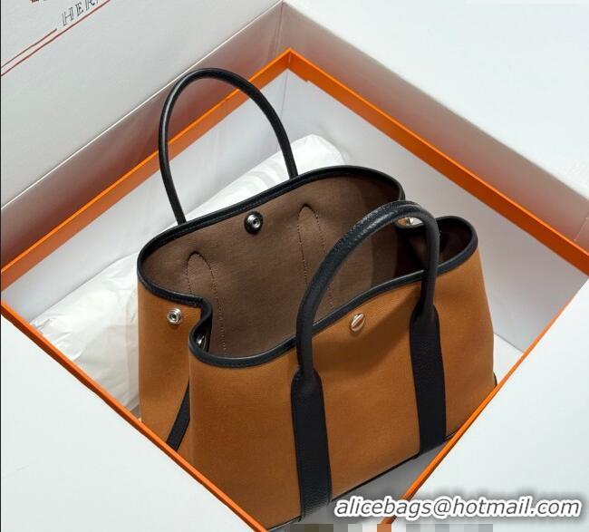 Buy Stylish Hermes Garden Party Bag 30cm in Canvas and Grained Leather H2070 Sesame Brown/Black 2025 (Half Handmade)