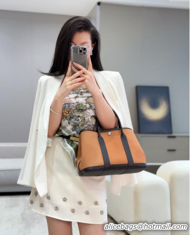 Buy Stylish Hermes Garden Party Bag 30cm in Canvas and Grained Leather H2070 Sesame Brown/Black 2025 (Half Handmade)