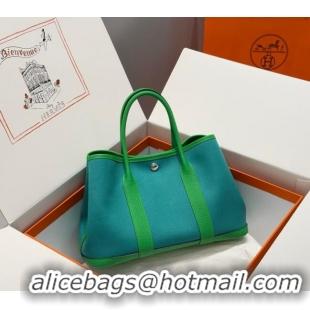 New Product Hermes Garden Party Bag 30cm in Canvas and Grained Leather H2070 Bamboo/Imperial Green 2025 (Half Handmade)
