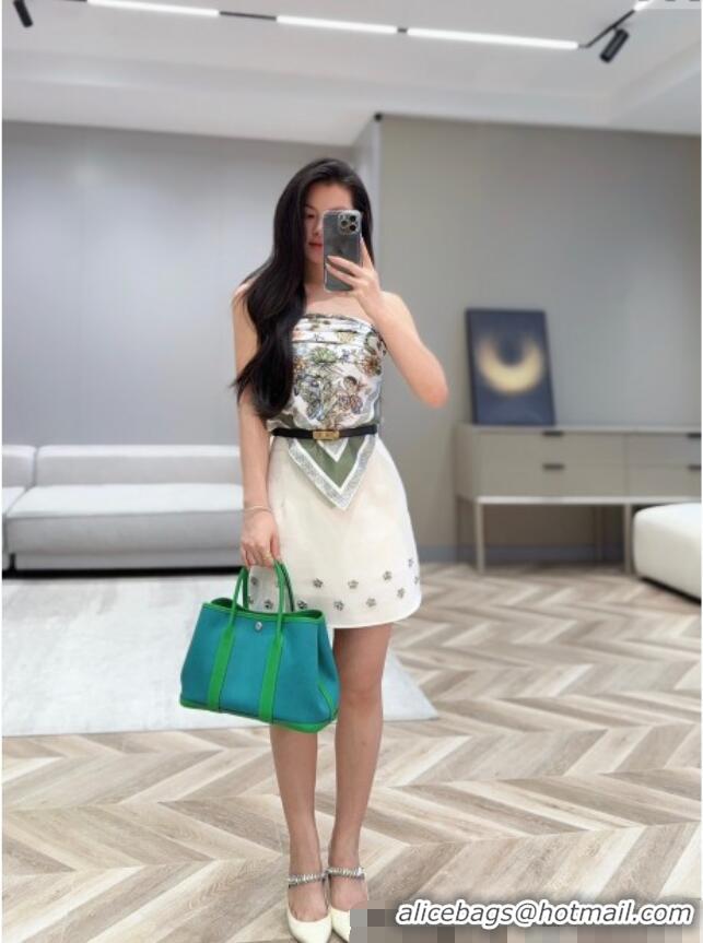 New Product Hermes Garden Party Bag 30cm in Canvas and Grained Leather H2070 Bamboo/Imperial Green 2025 (Half Handmade)