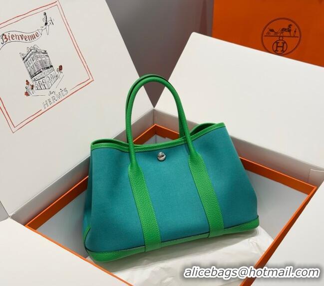 New Product Hermes Garden Party Bag 30cm in Canvas and Grained Leather H2070 Bamboo/Imperial Green 2025 (Half Handmade)