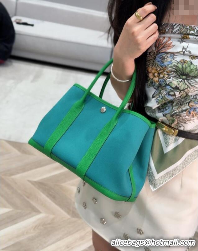New Product Hermes Garden Party Bag 30cm in Canvas and Grained Leather H2070 Bamboo/Imperial Green 2025 (Half Handmade)