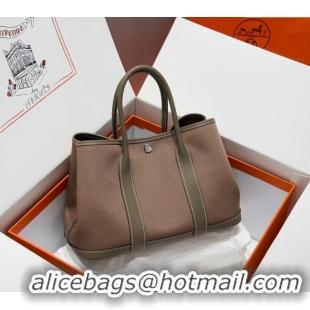 Buy Cheap Hermes Garden Party Bag 30cm in Canvas and Grained Leather H2070 Elephant Grey/Brown 2025 (Half Handmade)