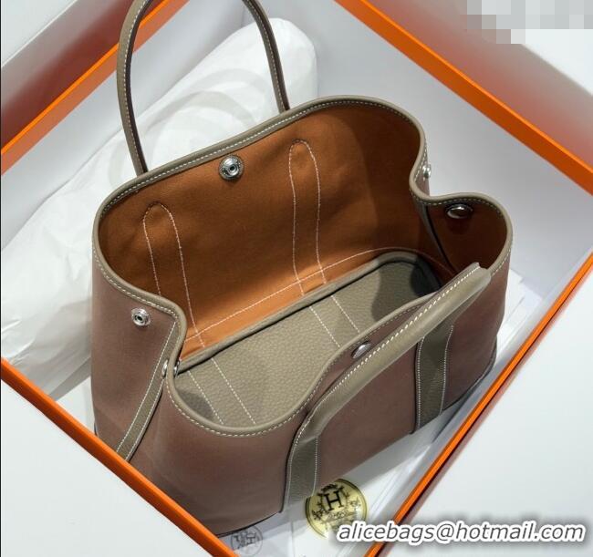 Buy Cheap Hermes Garden Party Bag 30cm in Canvas and Grained Leather H2070 Elephant Grey/Brown 2025 (Half Handmade)