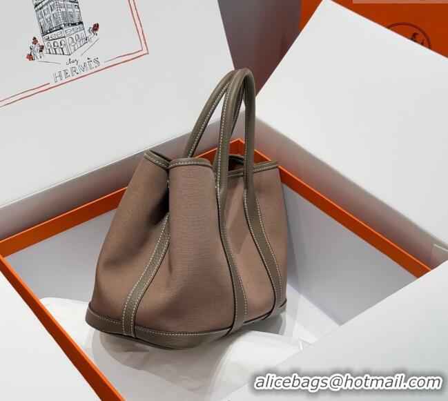 Buy Cheap Hermes Garden Party Bag 30cm in Canvas and Grained Leather H2070 Elephant Grey/Brown 2025 (Half Handmade)