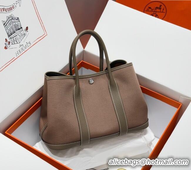 Buy Cheap Hermes Garden Party Bag 30cm in Canvas and Grained Leather H2070 Elephant Grey/Brown 2025 (Half Handmade)