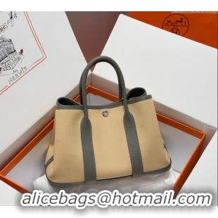 New Design Hermes Garden Party Bag 30cm in Canvas and Grained Leather H2070 Cream Beige/Cloud Grey 2025 (Half Handmade)