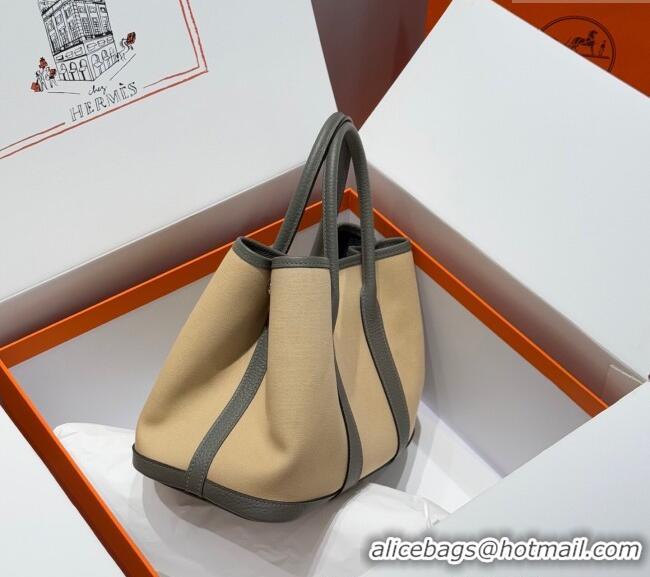 New Design Hermes Garden Party Bag 30cm in Canvas and Grained Leather H2070 Cream Beige/Cloud Grey 2025 (Half Handmade)