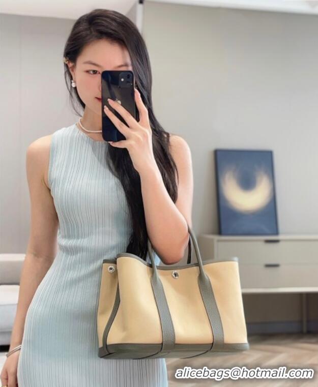New Design Hermes Garden Party Bag 30cm in Canvas and Grained Leather H2070 Cream Beige/Cloud Grey 2025 (Half Handmade)