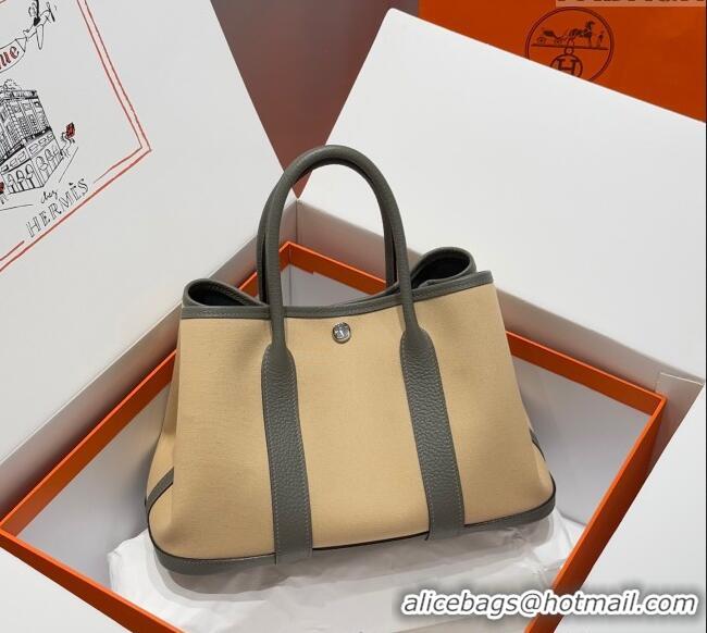 New Design Hermes Garden Party Bag 30cm in Canvas and Grained Leather H2070 Cream Beige/Cloud Grey 2025 (Half Handmade)