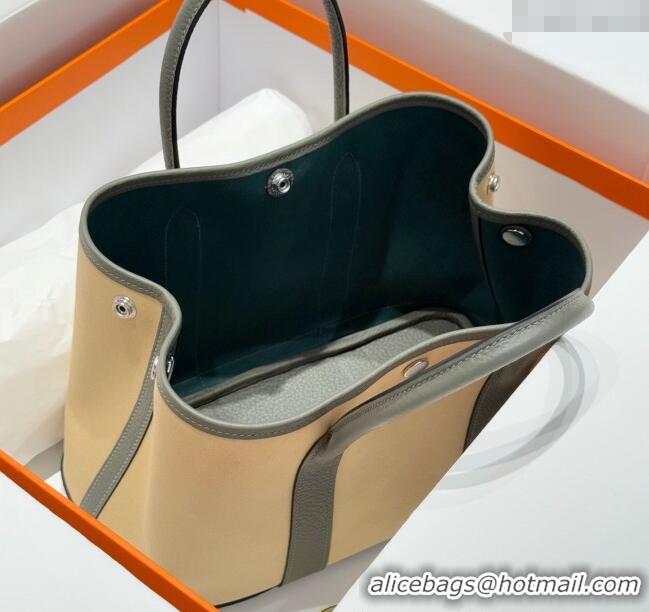 New Design Hermes Garden Party Bag 30cm in Canvas and Grained Leather H2070 Cream Beige/Cloud Grey 2025 (Half Handmade)