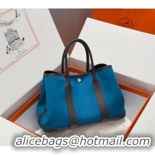Classic Grade Hermes Garden Party Bag 30cm in Canvas and Grained Leather H2070 Prussia Blue/Ebony 2025 (Half Handmade)