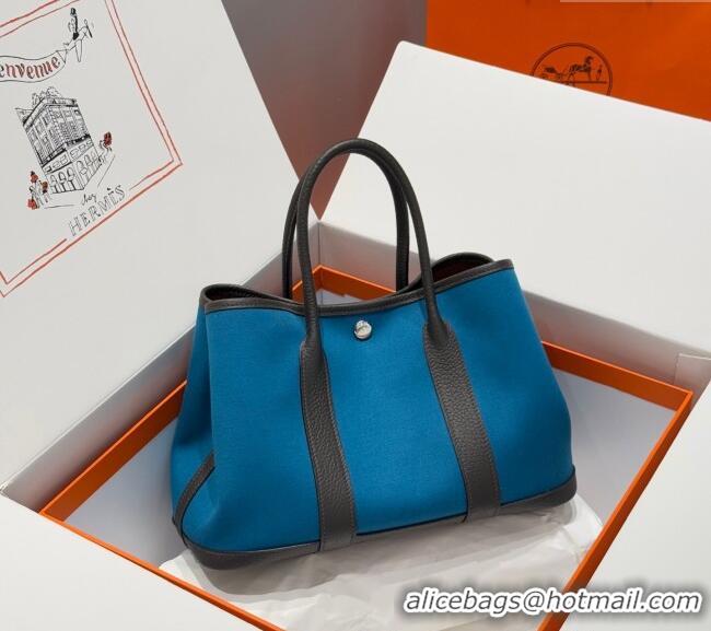 Classic Grade Hermes Garden Party Bag 30cm in Canvas and Grained Leather H2070 Prussia Blue/Ebony 2025 (Half Handmade)
