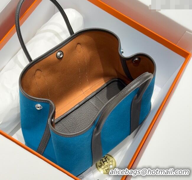 Classic Grade Hermes Garden Party Bag 30cm in Canvas and Grained Leather H2070 Prussia Blue/Ebony 2025 (Half Handmade)