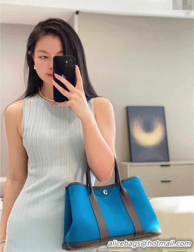 Classic Grade Hermes Garden Party Bag 30cm in Canvas and Grained Leather H2070 Prussia Blue/Ebony 2025 (Half Handmade)