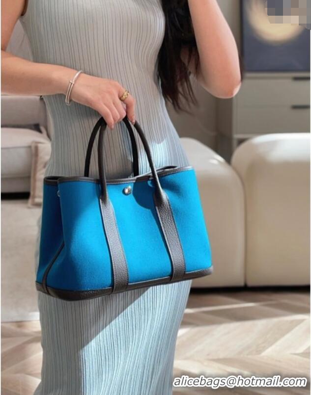 Classic Grade Hermes Garden Party Bag 30cm in Canvas and Grained Leather H2070 Prussia Blue/Ebony 2025 (Half Handmade)