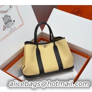 New Fashion Hermes Garden Party Bag 30cm in Canvas and Grained Leather H2070 Milton Yellow/Ebony 2025 (Half Handmade)