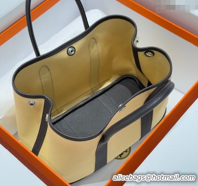 New Fashion Hermes Garden Party Bag 30cm in Canvas and Grained Leather H2070 Milton Yellow/Ebony 2025 (Half Handmade)