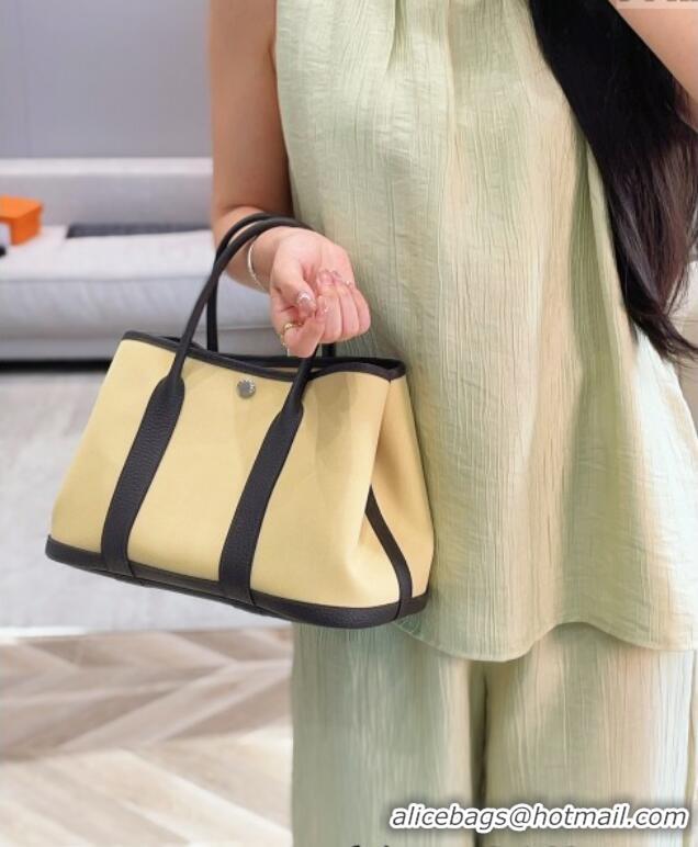New Fashion Hermes Garden Party Bag 30cm in Canvas and Grained Leather H2070 Milton Yellow/Ebony 2025 (Half Handmade)