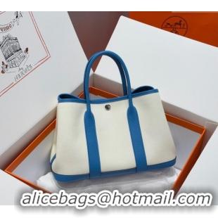 Top Quality Hermes Garden Party Bag 30cm in Canvas and Grained Leather H2070 Glacier White/Tanzania Blue 2025 (Half Hand