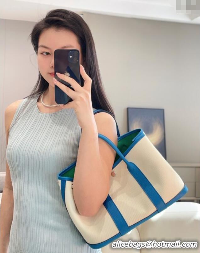 Top Quality Hermes Garden Party Bag 30cm in Canvas and Grained Leather H2070 Glacier White/Tanzania Blue 2025 (Half Hand