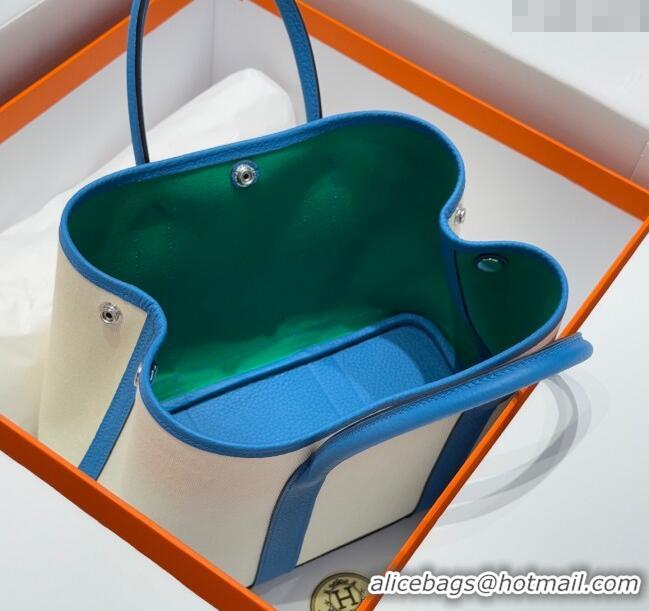 Top Quality Hermes Garden Party Bag 30cm in Canvas and Grained Leather H2070 Glacier White/Tanzania Blue 2025 (Half Hand