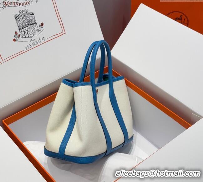 Top Quality Hermes Garden Party Bag 30cm in Canvas and Grained Leather H2070 Glacier White/Tanzania Blue 2025 (Half Hand