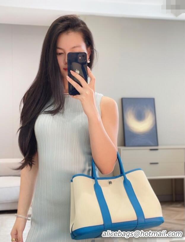 Top Quality Hermes Garden Party Bag 30cm in Canvas and Grained Leather H2070 Glacier White/Tanzania Blue 2025 (Half Hand