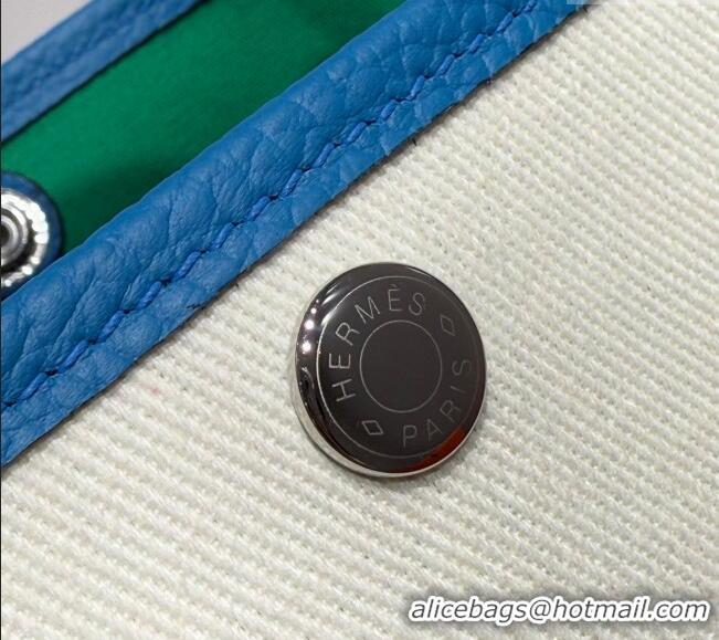 Top Quality Hermes Garden Party Bag 30cm in Canvas and Grained Leather H2070 Glacier White/Tanzania Blue 2025 (Half Hand
