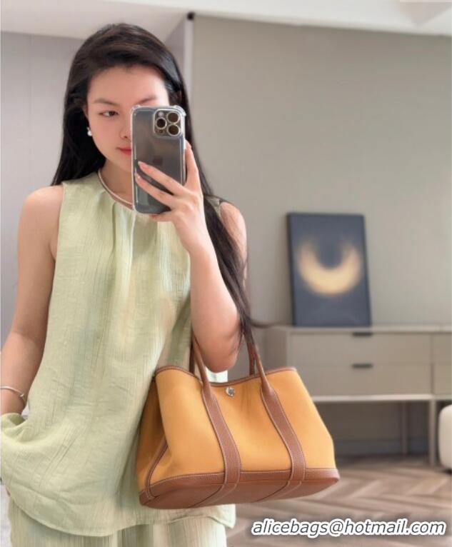 Buy Discount Hermes Garden Party Bag 30cm in Canvas and Grained Leather H2070 Golden Brown 2025 (Half Handmade)
