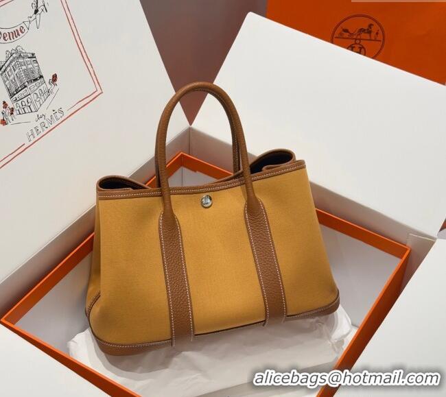 Buy Discount Hermes Garden Party Bag 30cm in Canvas and Grained Leather H2070 Golden Brown 2025 (Half Handmade)