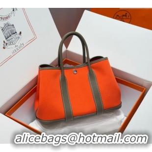 Spot Cheap Hermes Garden Party Bag 30cm in Canvas and Grained Leather H2070 Elephant Grey/Orange 2025 (Half Handmade)
