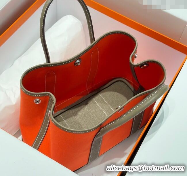 Spot Cheap Hermes Garden Party Bag 30cm in Canvas and Grained Leather H2070 Elephant Grey/Orange 2025 (Half Handmade)