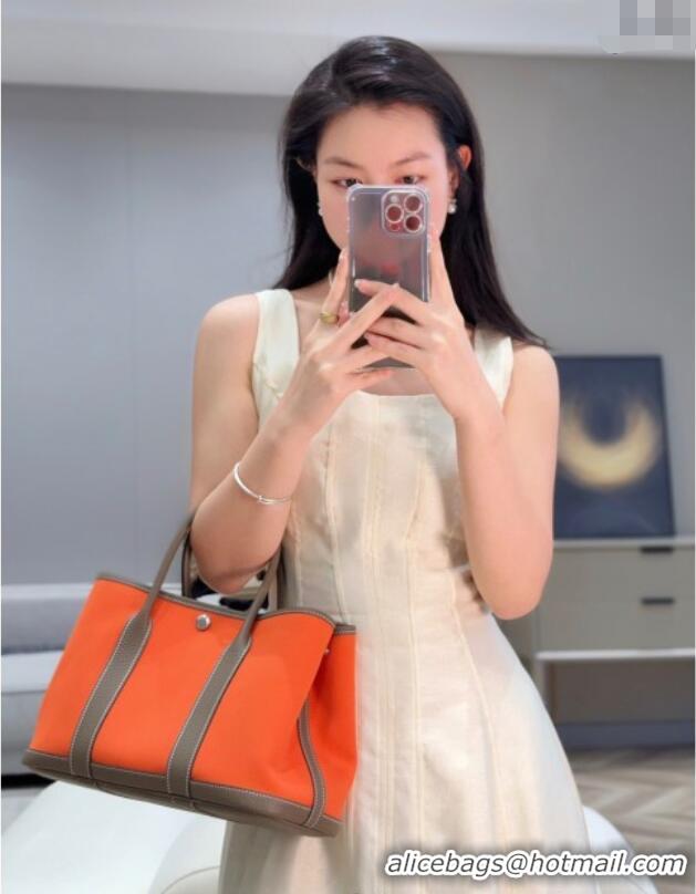 Spot Cheap Hermes Garden Party Bag 30cm in Canvas and Grained Leather H2070 Elephant Grey/Orange 2025 (Half Handmade)