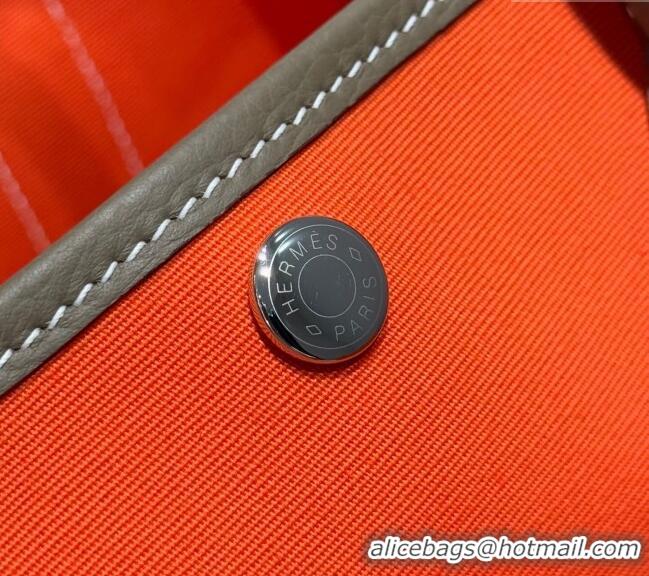 Spot Cheap Hermes Garden Party Bag 30cm in Canvas and Grained Leather H2070 Elephant Grey/Orange 2025 (Half Handmade)