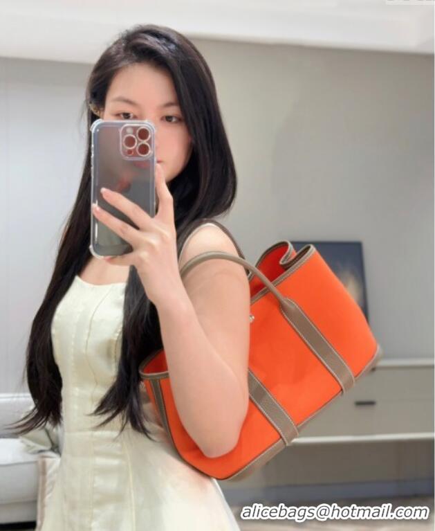 Spot Cheap Hermes Garden Party Bag 30cm in Canvas and Grained Leather H2070 Elephant Grey/Orange 2025 (Half Handmade)