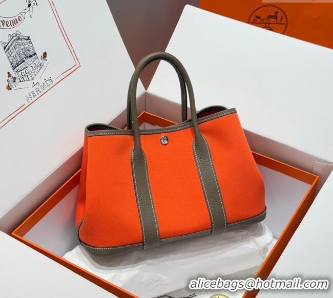 Spot Cheap Hermes Garden Party Bag 30cm in Canvas and Grained Leather H2070 Elephant Grey/Orange 2025 (Half Handmade)