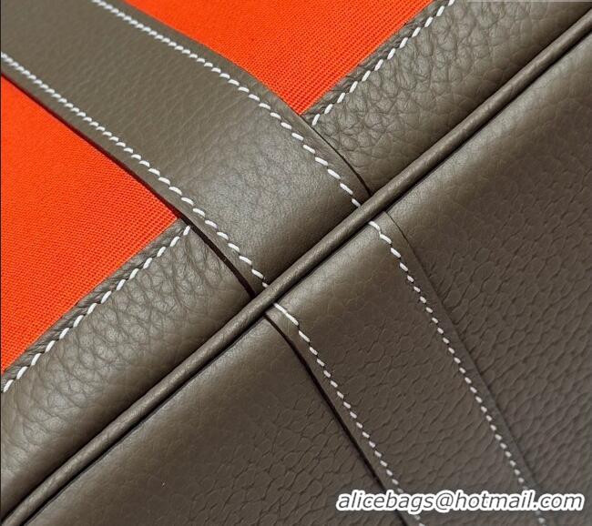 Spot Cheap Hermes Garden Party Bag 30cm in Canvas and Grained Leather H2070 Elephant Grey/Orange 2025 (Half Handmade)