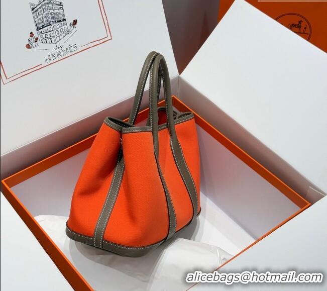 Spot Cheap Hermes Garden Party Bag 30cm in Canvas and Grained Leather H2070 Elephant Grey/Orange 2025 (Half Handmade)