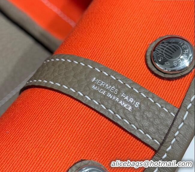 Spot Cheap Hermes Garden Party Bag 30cm in Canvas and Grained Leather H2070 Elephant Grey/Orange 2025 (Half Handmade)