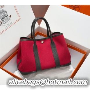 Spot Modern Hermes Garden Party Bag 30cm in Canvas and Grained Leather Hermes H2070 Red/Ebony 2025 (Half Handmade)