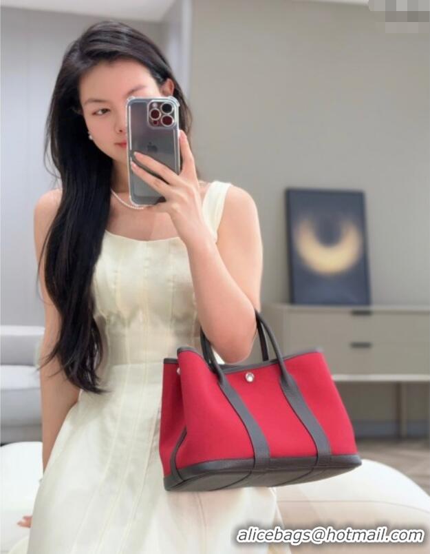 Spot Modern Hermes Garden Party Bag 30cm in Canvas and Grained Leather Hermes H2070 Red/Ebony 2025 (Half Handmade)