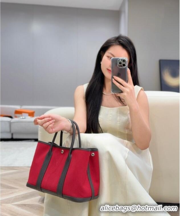 Spot Modern Hermes Garden Party Bag 30cm in Canvas and Grained Leather Hermes H2070 Red/Ebony 2025 (Half Handmade)