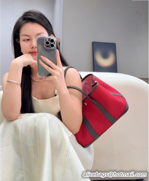 Spot Modern Hermes Garden Party Bag 30cm in Canvas and Grained Leather Hermes H2070 Red/Ebony 2025 (Half Handmade)