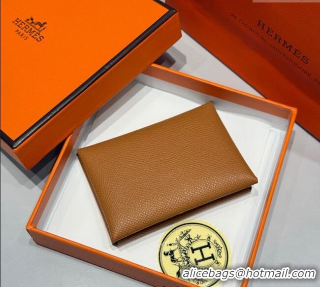 Market Sells Hermes Calvi Duo Compact Card Holder Wallet in Epsom Leather H2084 Brown 2025